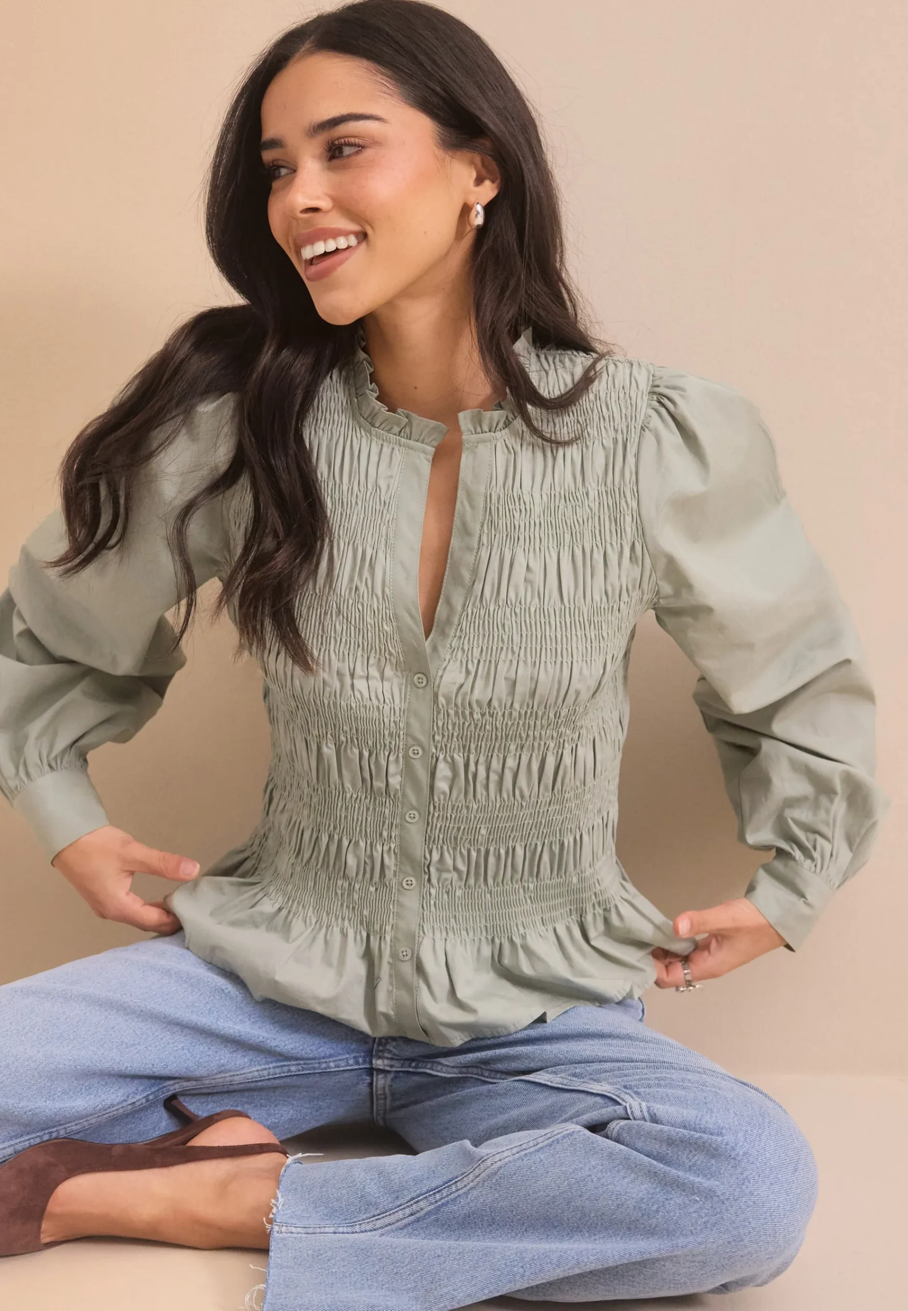 V-neck Cotton Smock Blouse